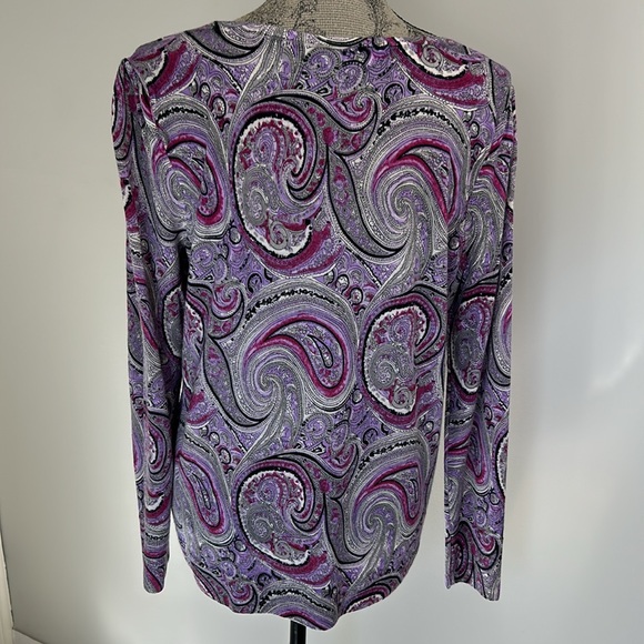 Talbots Pure Merino Wool Purple Paisley LS Round Neck Pullover Sweater Top Sz L - Picture 5 of 8